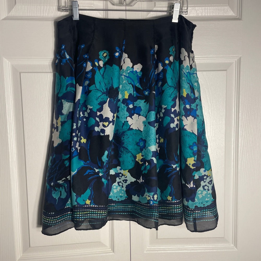 Alfani Pleated Silk Skirt Petite 10P Black Teal Floral Watercolor Y2K Midi Lined